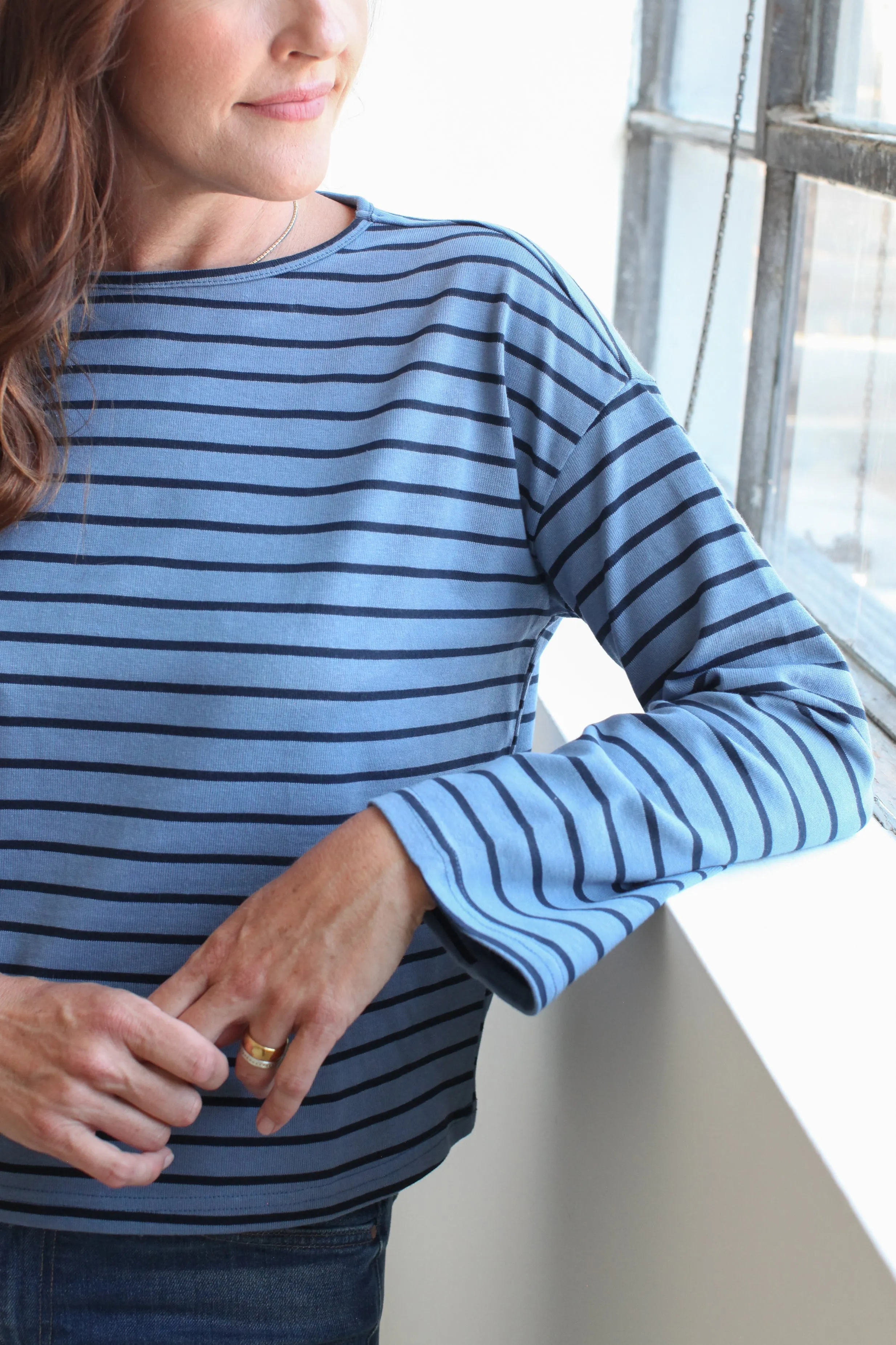 Shelly Stripe Top- Blue FrictionResistant Trim Layered Hemline