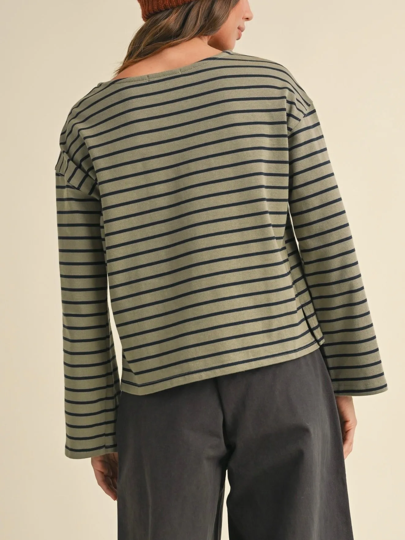 Weighted Hem Trim Shelly Striped Top Olive/ Navy