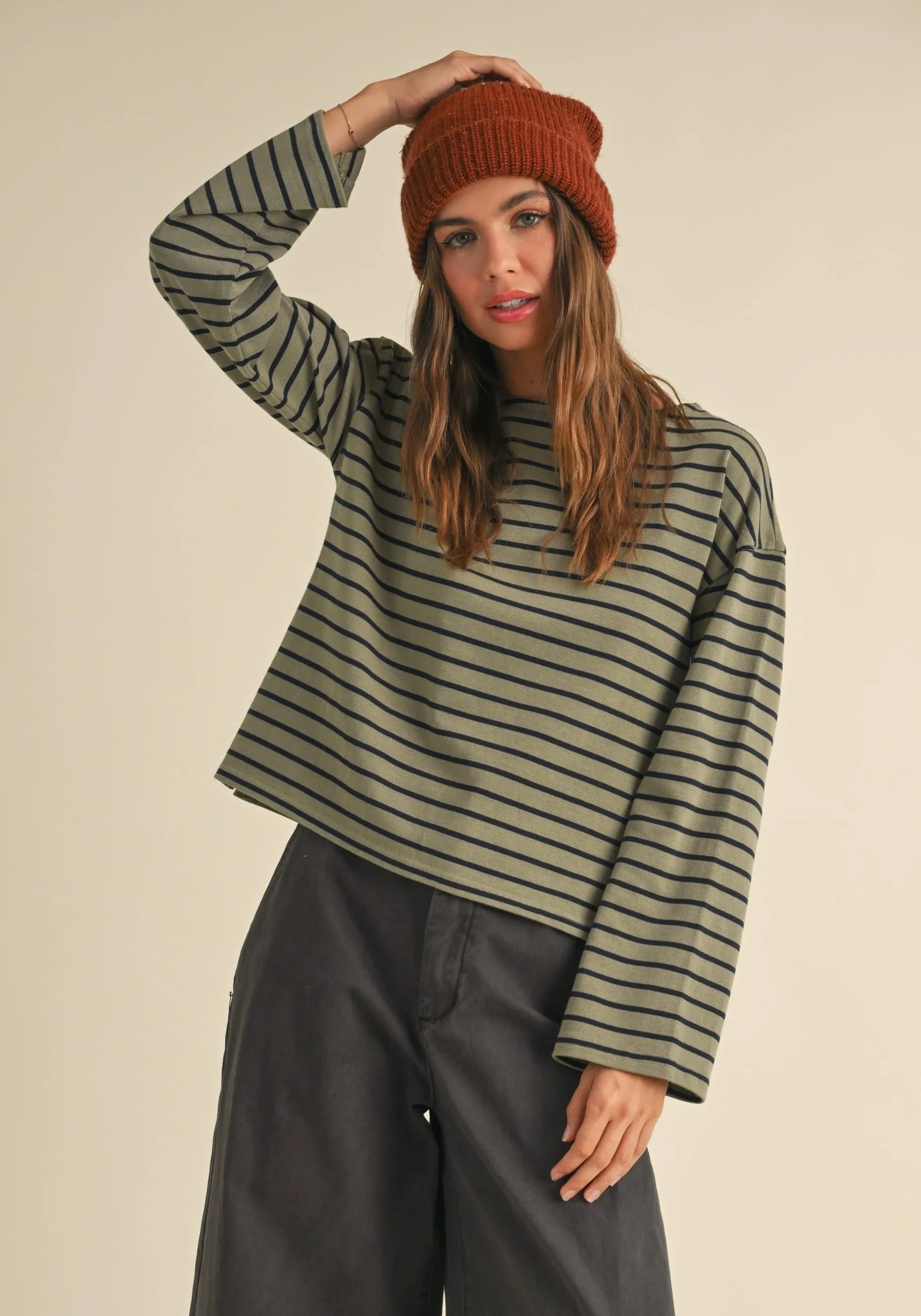Shelly Striped Top Olive/ Navy Temperature Regulating Fabric
