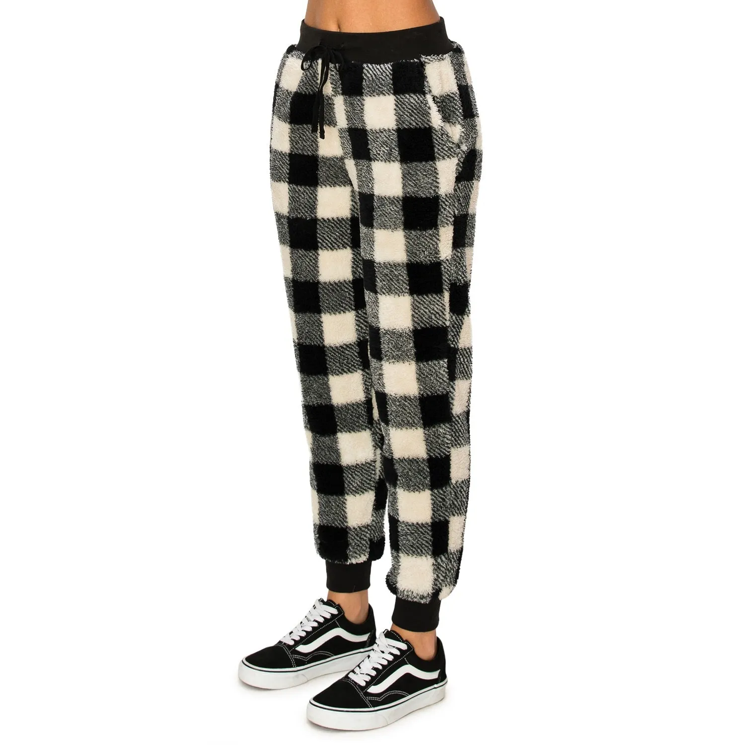 Sherpa Plaid Joggers Sweatpants - Black/White