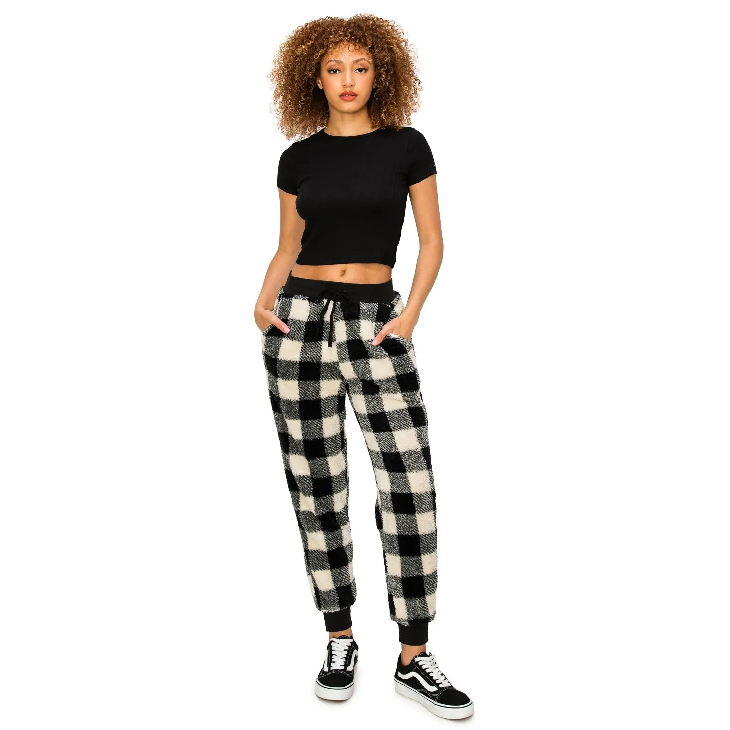 Sherpa Plaid Joggers Sweatpants - Black/White