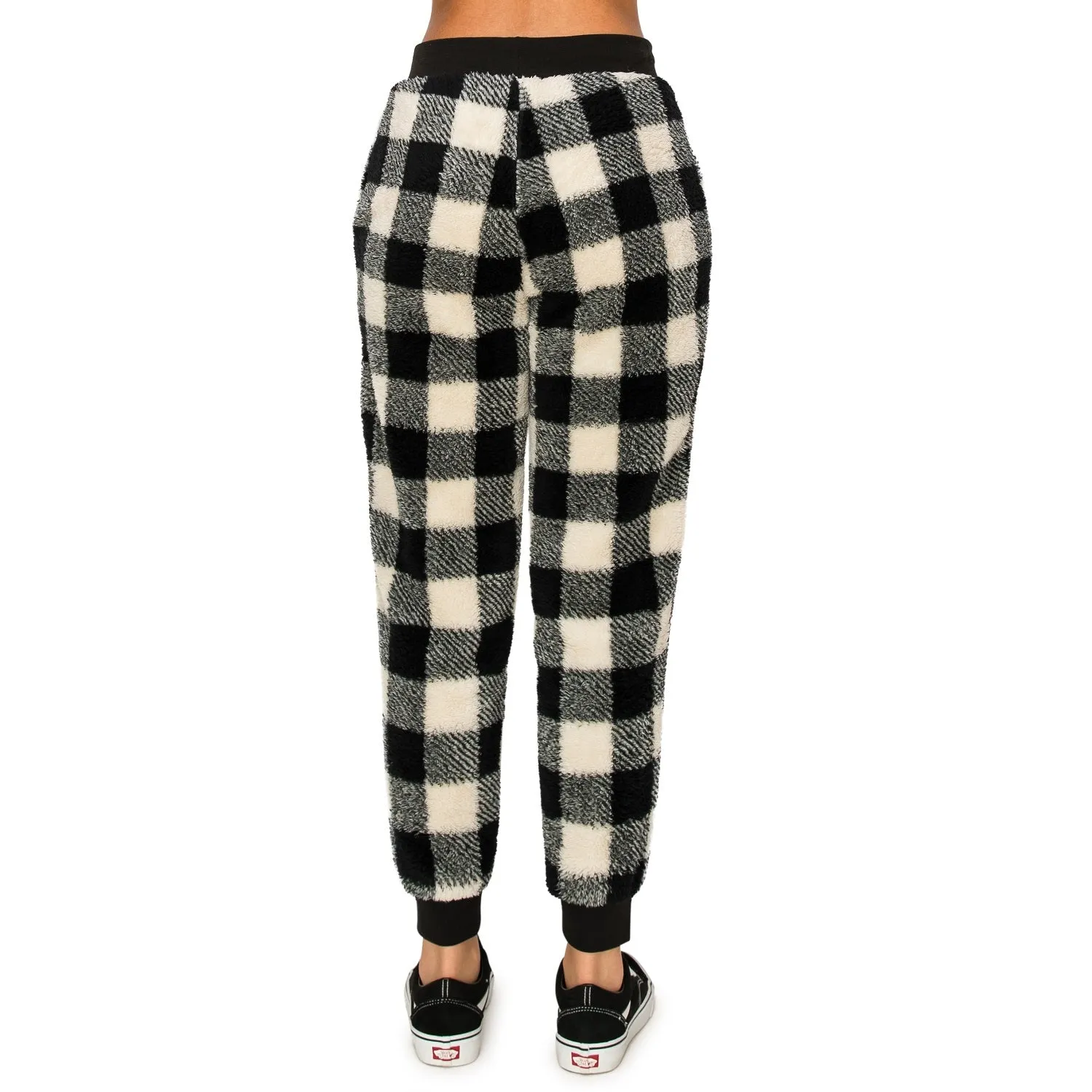 Sherpa Plaid Joggers Sweatpants - Black/White