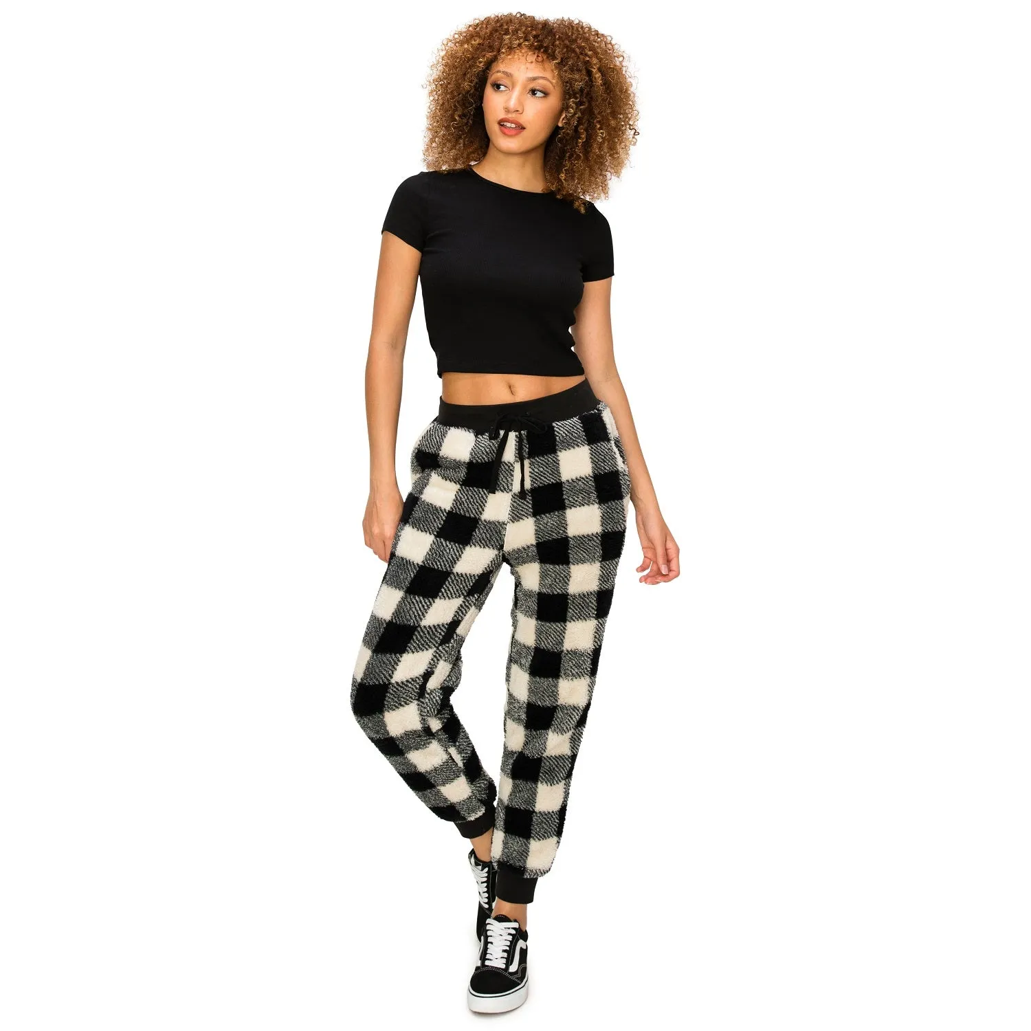 Sherpa Plaid Joggers Sweatpants - Black/White