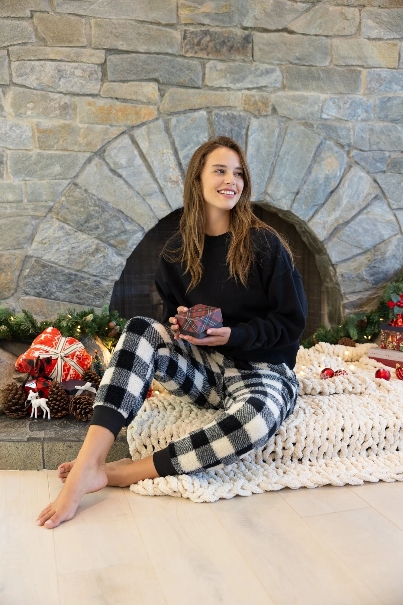Sherpa Plaid Joggers Sweatpants - Black/White