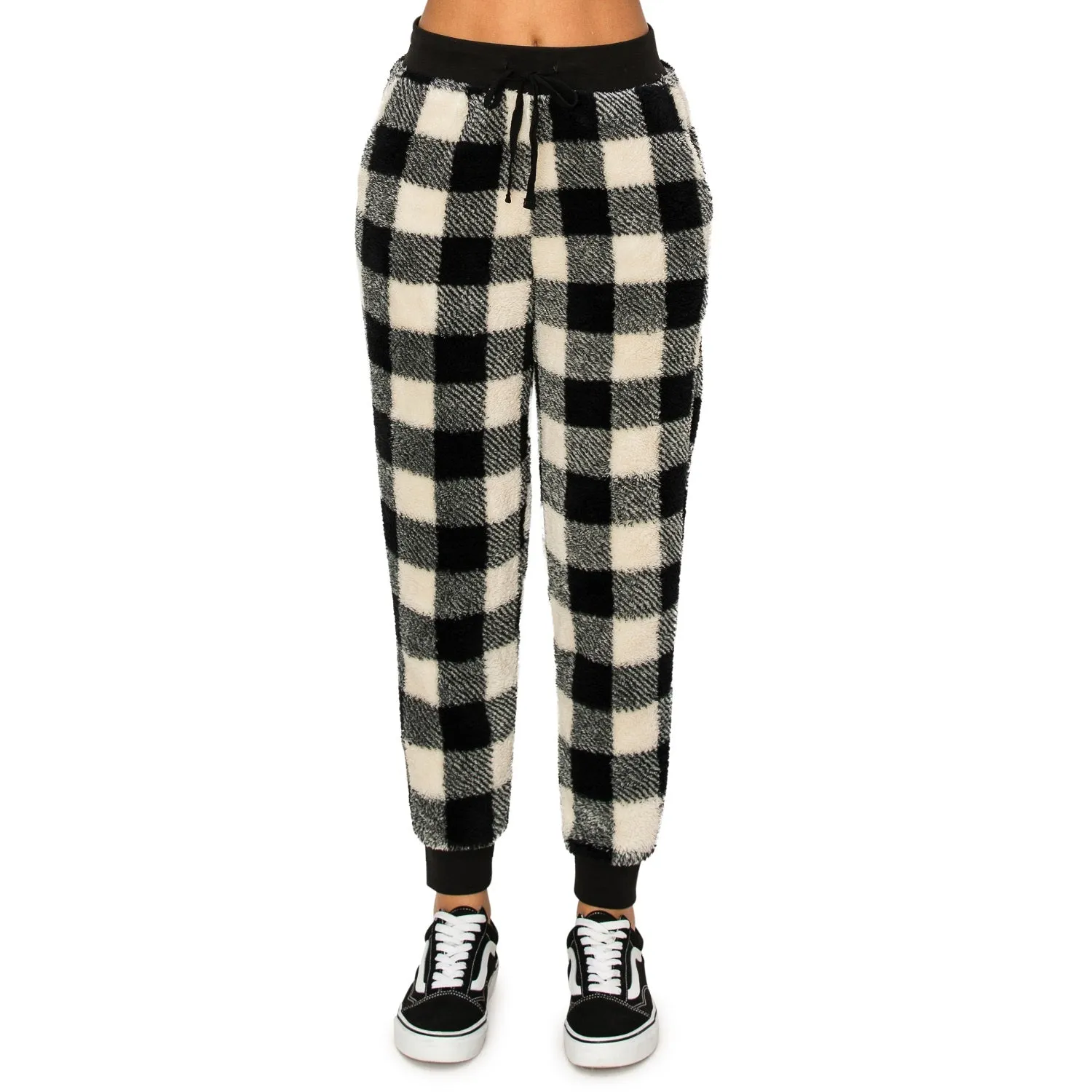 Sherpa Plaid Joggers Sweatpants - Black/White