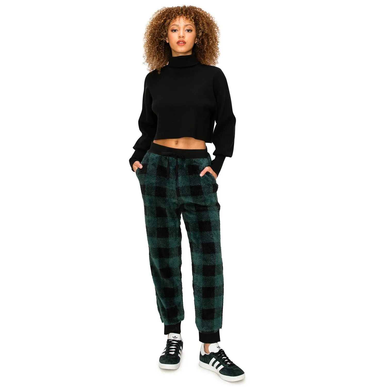 Sherpa Plaid Joggers Sweatpants - Hunter/Black