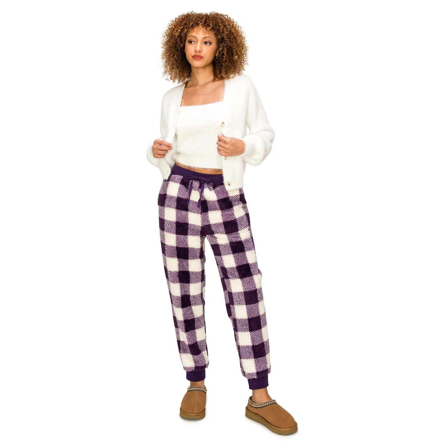 Sherpa Plaid Joggers Sweatpants - Tatoo/White