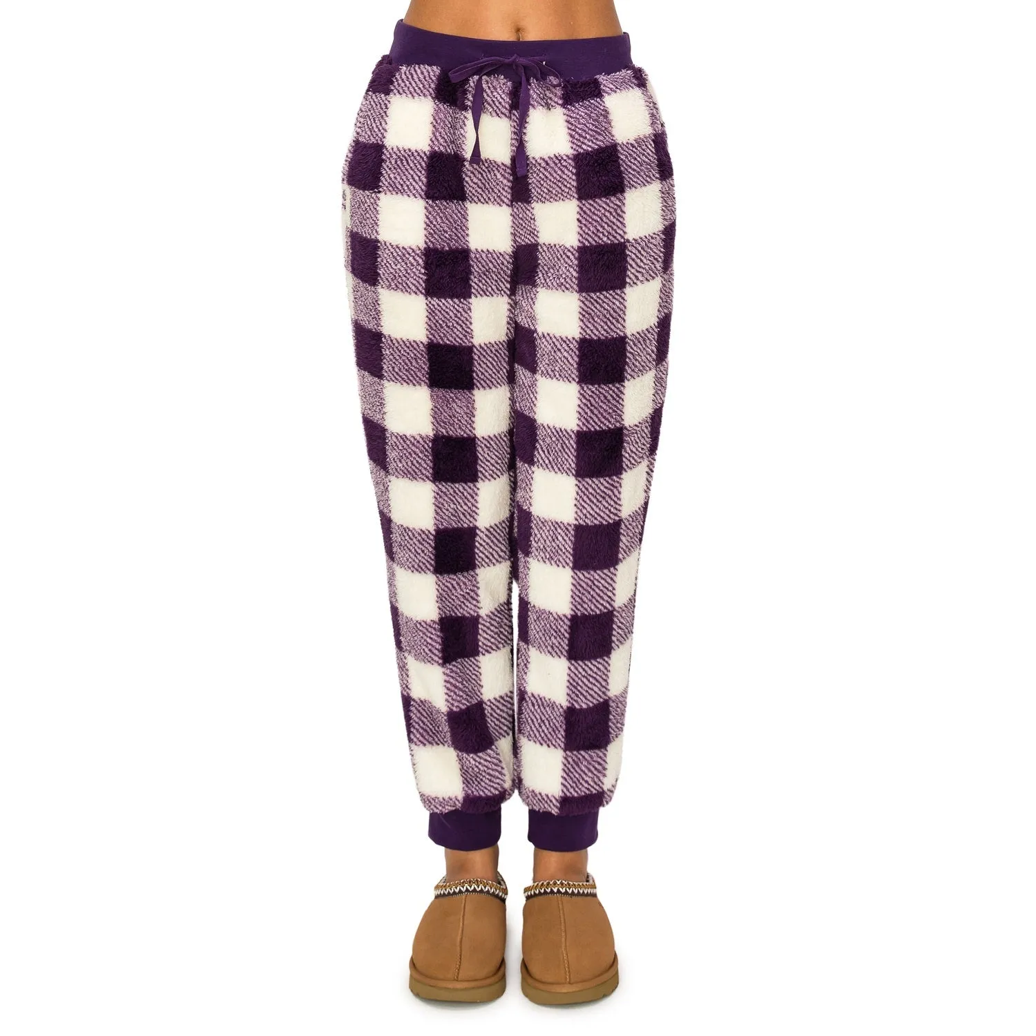 Sherpa Plaid Joggers Sweatpants - Tatoo/White