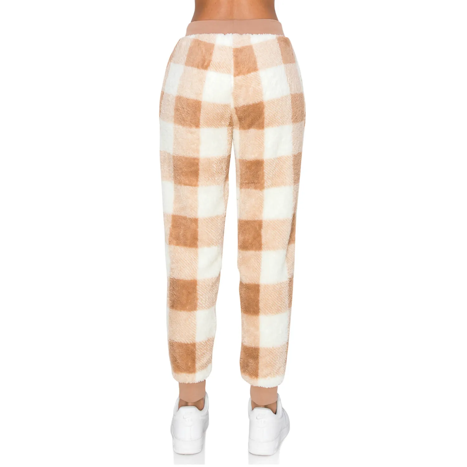 Sherpa Plaid Joggers Sweatpants - Taupe/White