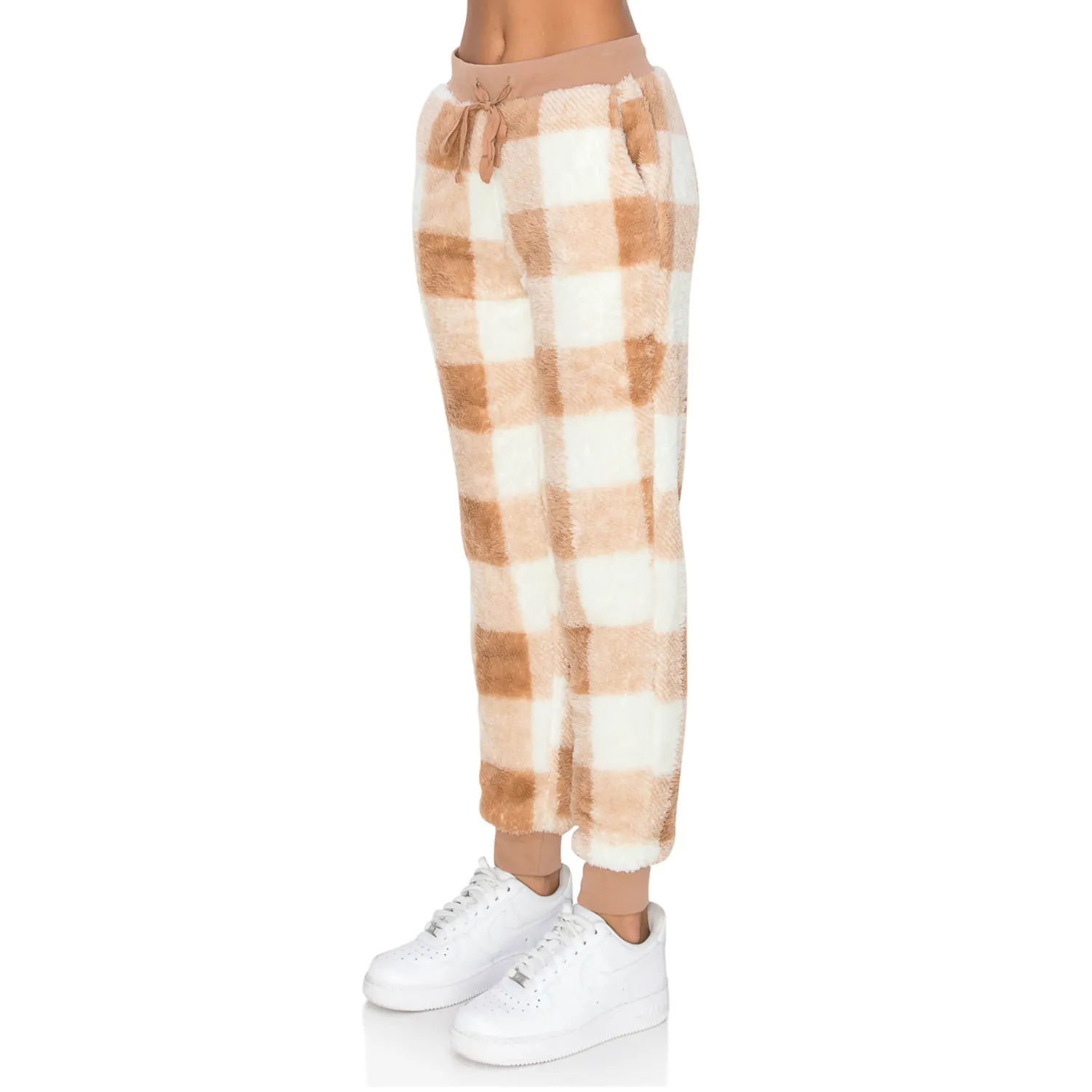 Sherpa Plaid Joggers Sweatpants - Taupe/White