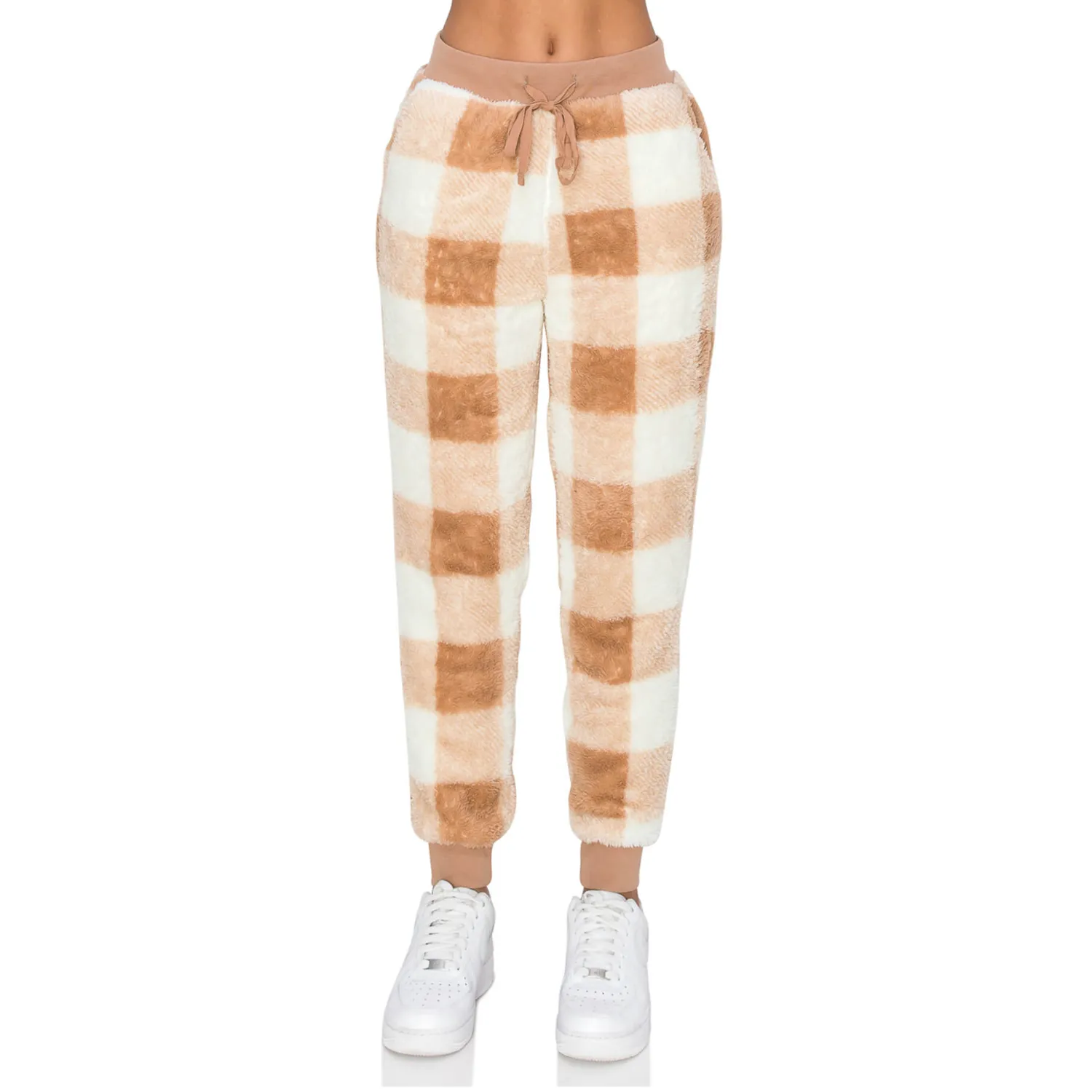Sherpa Plaid Joggers Sweatpants - Taupe/White