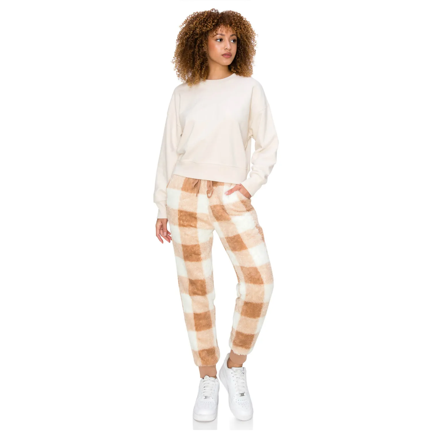 Sherpa Plaid Joggers Sweatpants - Taupe/White