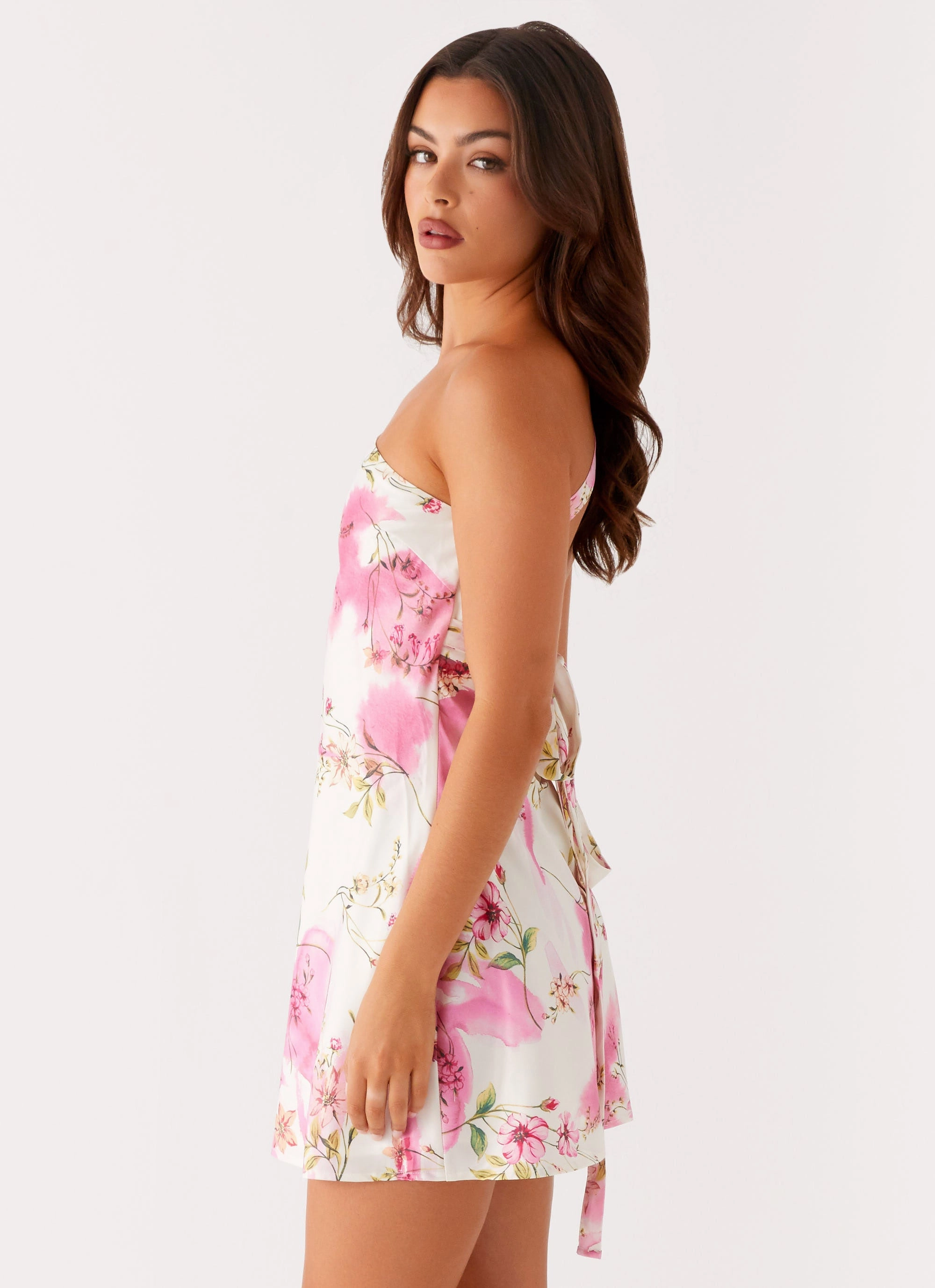 Lights Out Mini Dress - Ivory Floral Print Twist Knot Details Luxury Finish