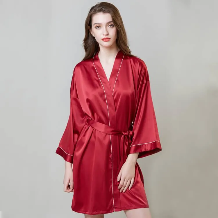 Short 100% Silk Robes With Trim Women Silk Nightwear