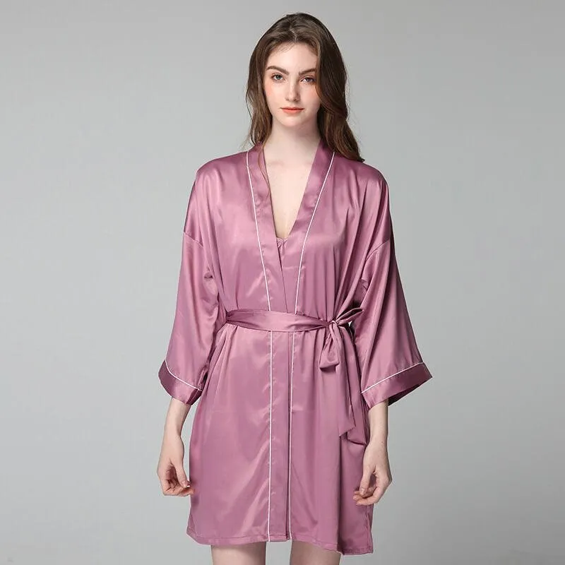 Short 100% Silk Robes With Trim Women Silk Nightwear