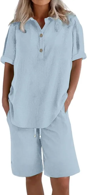 Short Sets for Women Summer Two Piece Cotton Linen Plus Size Loungewear Matching Casual Vacation Business Outfits