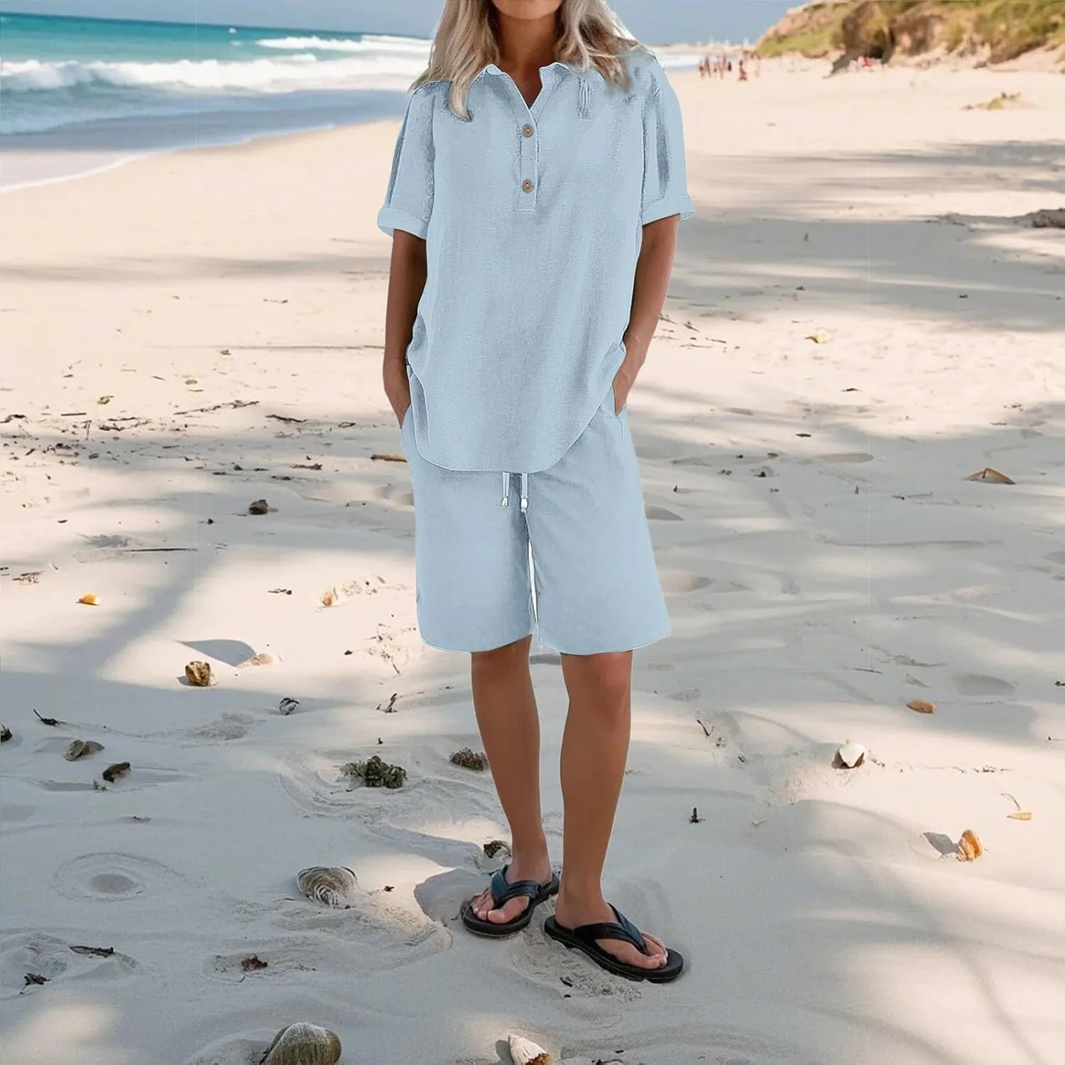 Short Sets for Women Summer Two Piece Cotton Linen Plus Size Loungewear Matching Casual Vacation Business Outfits