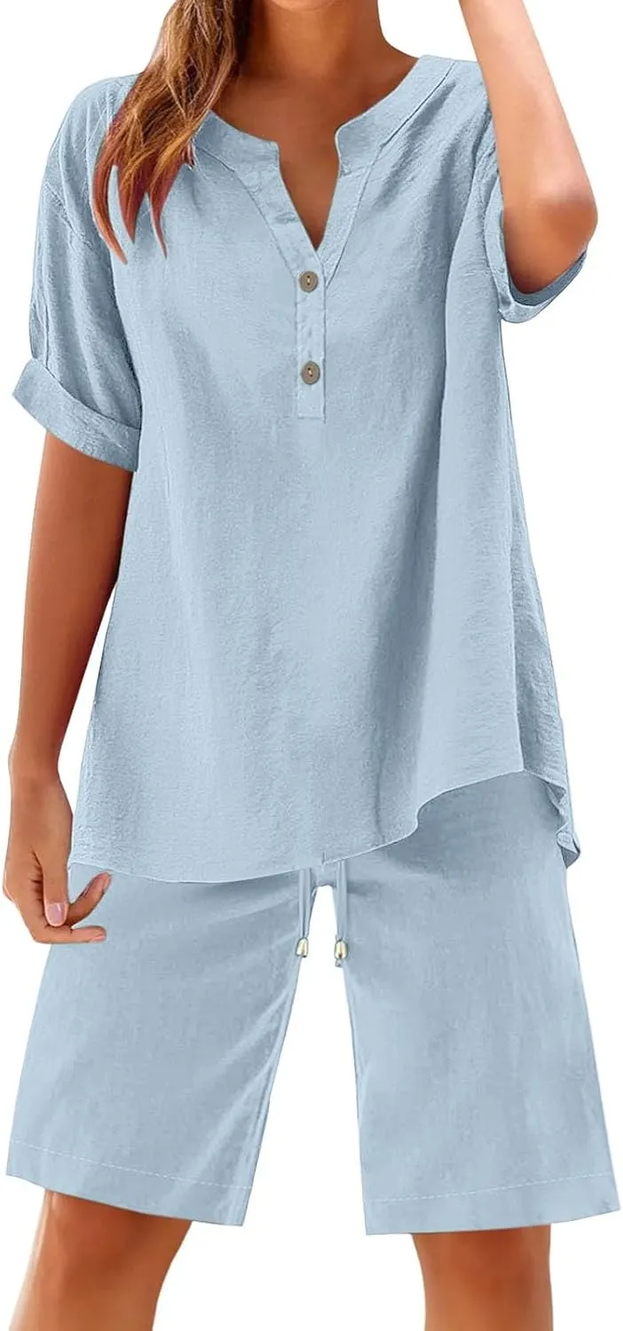 Short Sets for Women Summer Two Piece Cotton Linen Plus Size Loungewear Matching Casual Vacation Business Outfits