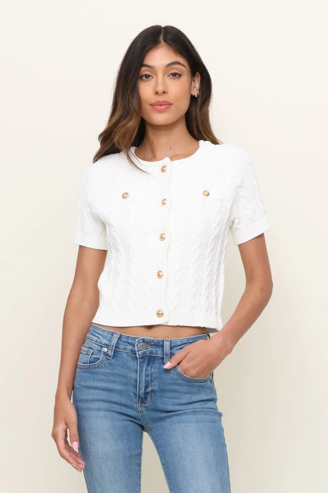 AdjustableCuffs Short Sleeve Cable Knit Sweater
