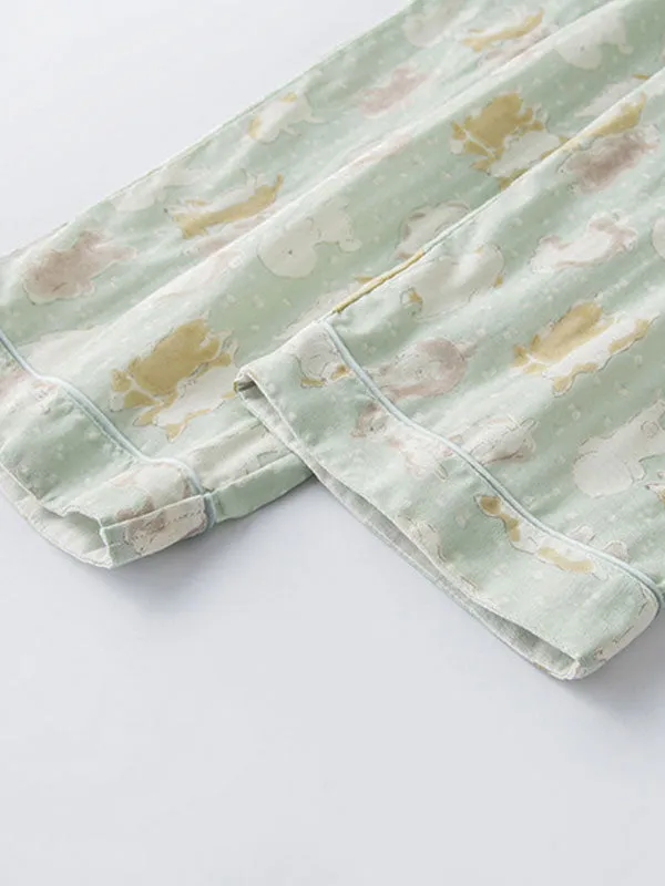 Short Sleeve Cotton Cartoon Cat Print Pajamas Set