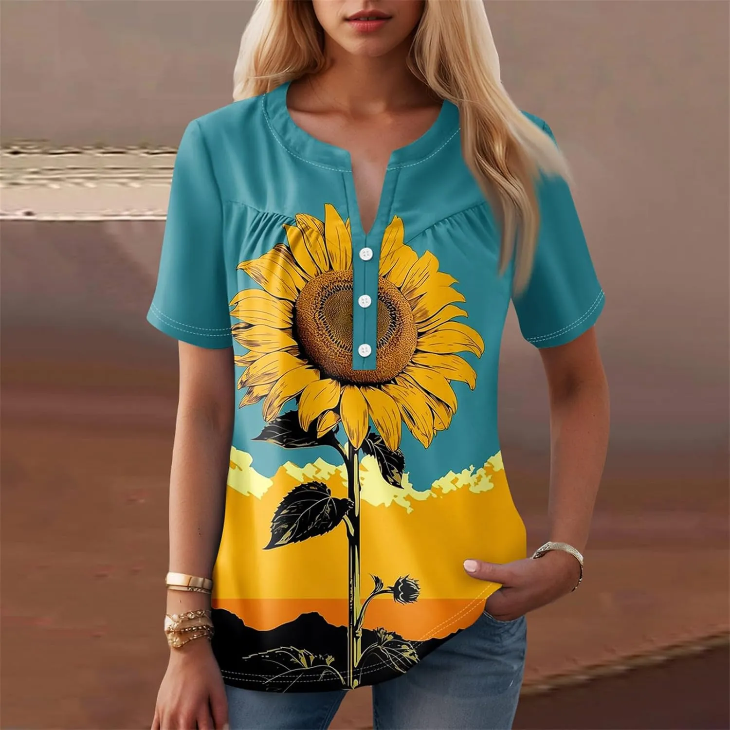 Short Sleeve Shirts for Women Button V Neck Tshirts Trendy Dressy Casual Blouses Loose Fit Graphic Tunics 2025