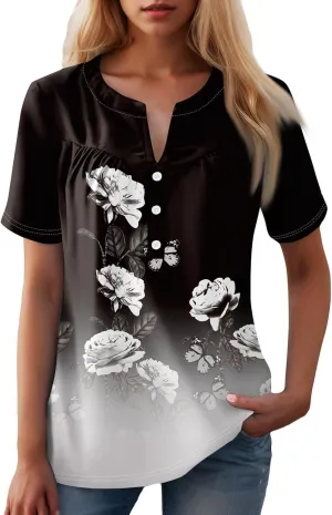 Short Sleeve Shirts for Women Button V Neck Tshirts Trendy Dressy Casual Blouses Loose Fit Graphic Tunics 2025