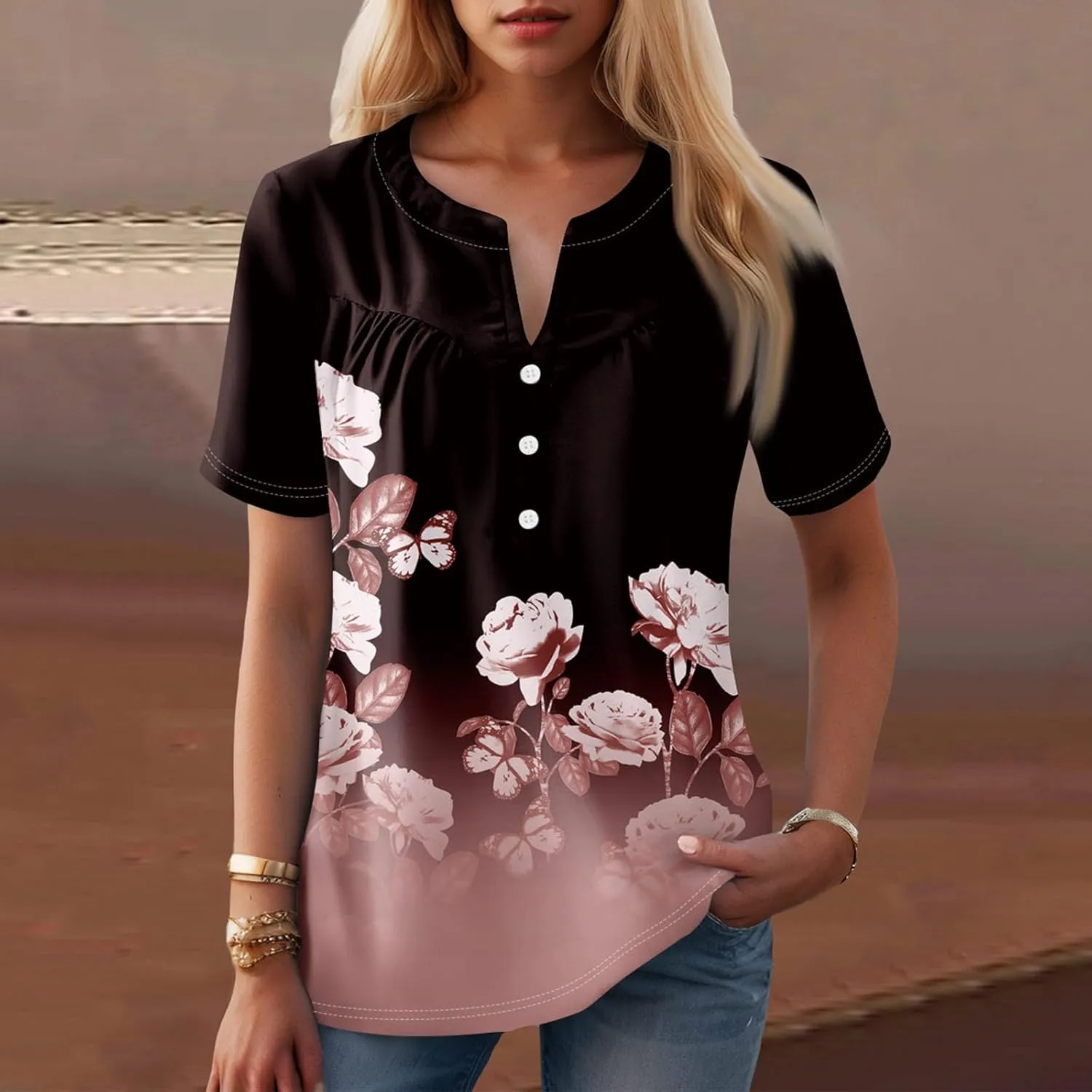 Short Sleeve Shirts for Women Button V Neck Tshirts Trendy Dressy Casual Blouses Loose Fit Graphic Tunics 2025