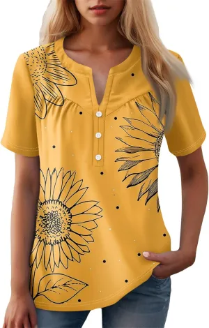 Short Sleeve Shirts for Women Button V Neck Tshirts Trendy Dressy Casual Blouses Loose Fit Graphic Tunics 2025