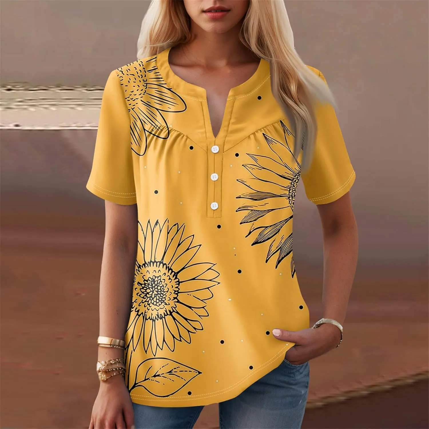 Short Sleeve Shirts for Women Button V Neck Tshirts Trendy Dressy Casual Blouses Loose Fit Graphic Tunics 2025