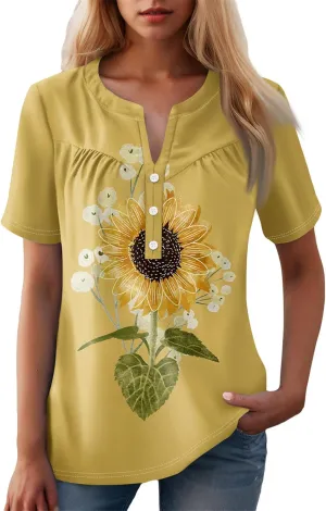 Short Sleeve Shirts for Women Button V Neck Tshirts Trendy Dressy Casual Blouses Loose Fit Graphic Tunics 2025