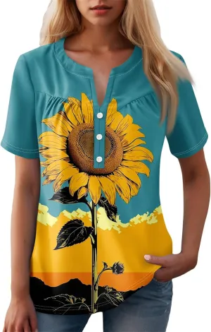 Short Sleeve Shirts for Women Button V Neck Tshirts Trendy Dressy Casual Blouses Loose Fit Graphic Tunics 2025
