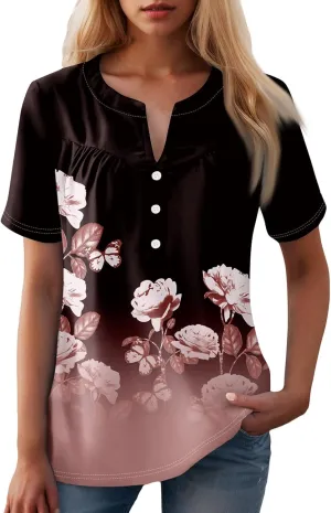 Short Sleeve Shirts for Women Button V Neck Tshirts Trendy Dressy Casual Blouses Loose Fit Graphic Tunics 2025