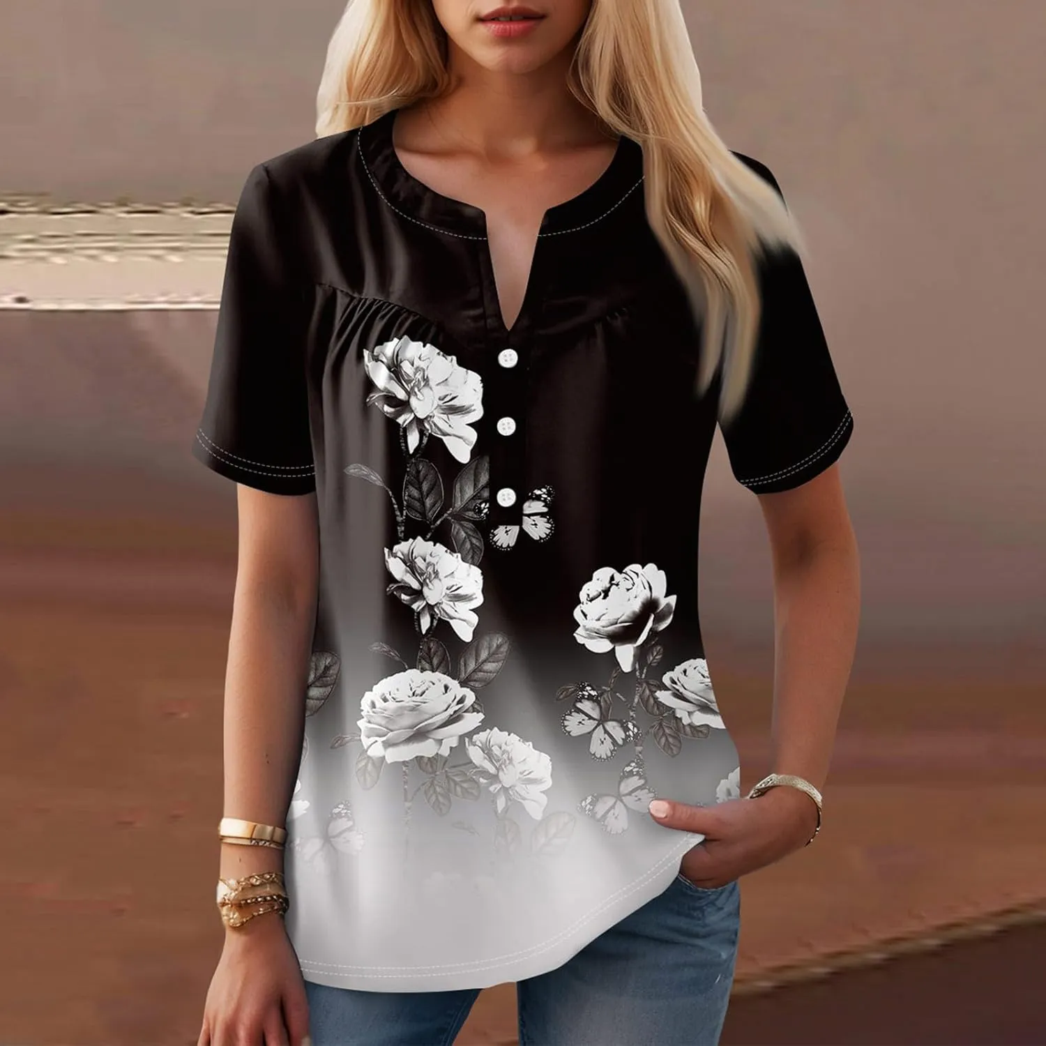 Short Sleeve Shirts for Women Button V Neck Tshirts Trendy Dressy Casual Blouses Loose Fit Graphic Tunics 2025