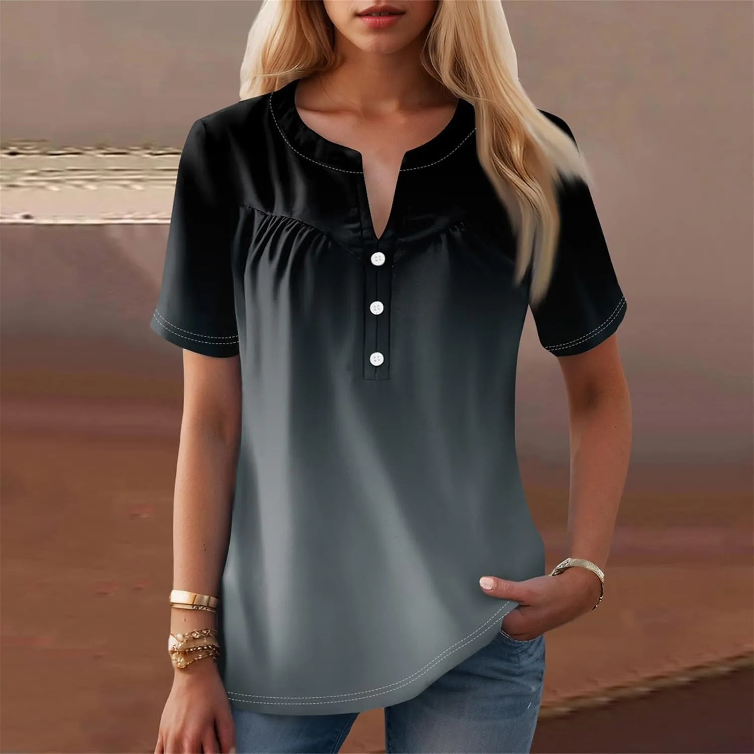 Short Sleeve Shirts for Women Button V Neck Tshirts Trendy Dressy Casual Blouses Loose Fit Graphic Tunics 2025