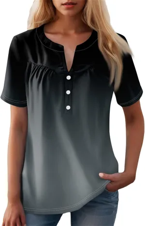 Short Sleeve Shirts for Women Button V Neck Tshirts Trendy Dressy Casual Blouses Loose Fit Graphic Tunics 2025