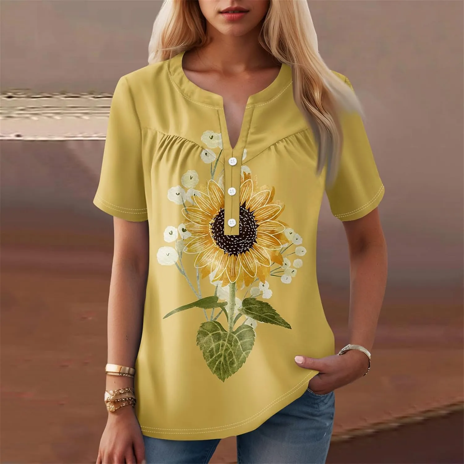 Short Sleeve Shirts for Women Button V Neck Tshirts Trendy Dressy Casual Blouses Loose Fit Graphic Tunics 2025