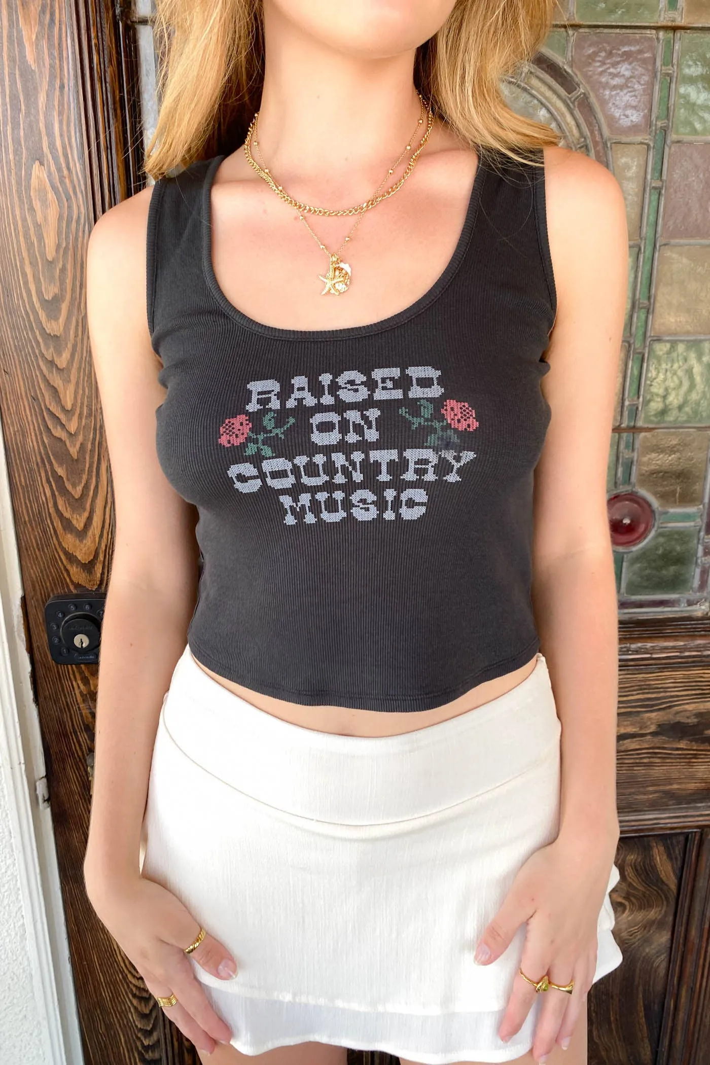 Raised On Country Music Tank- Black Seamless construction RollUpSleeves