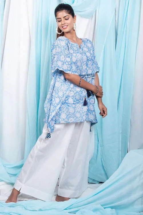 Shuddhi Sky blue printed short kaftan.