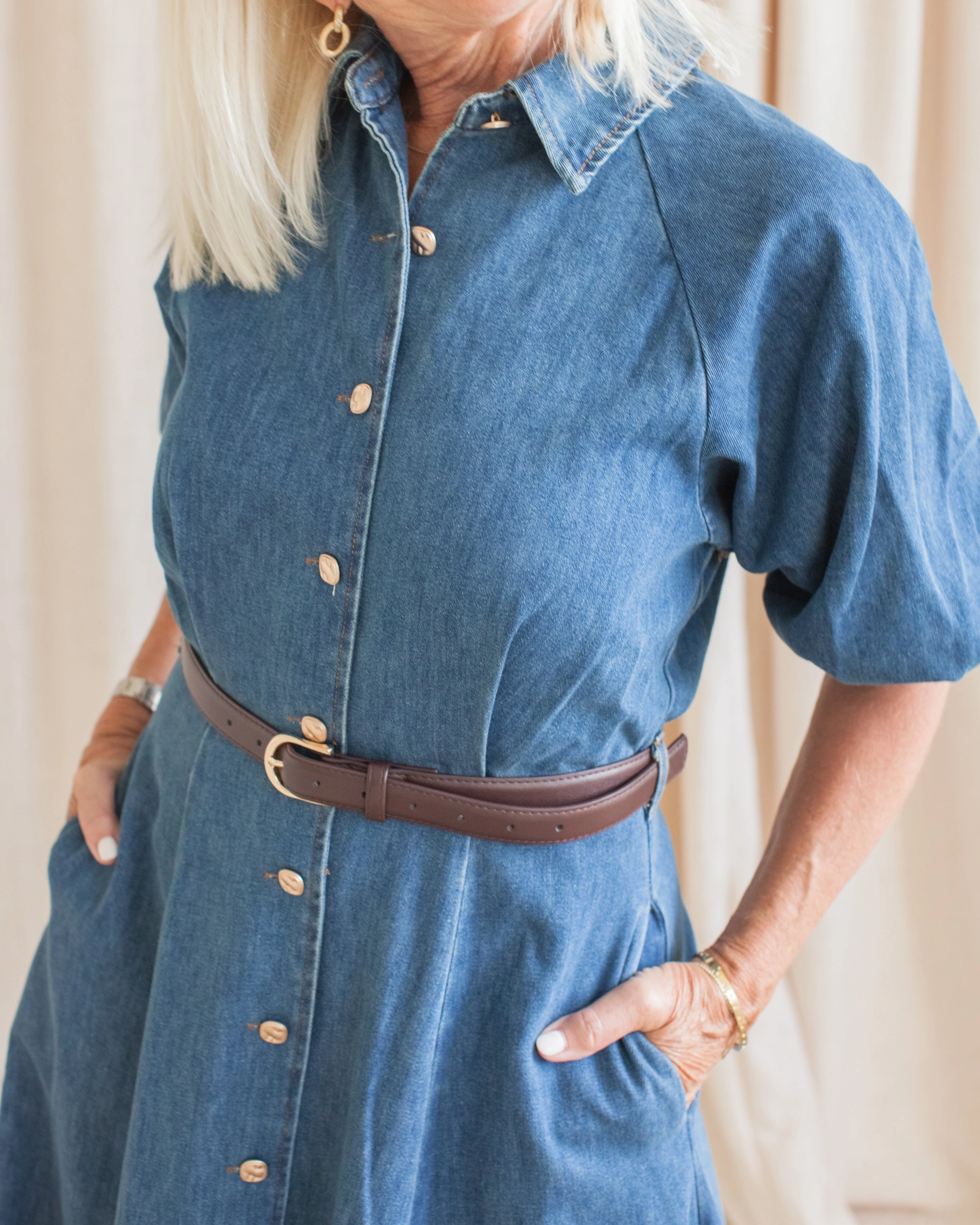 Lena Denim Belted Dress Stylish Look Mom Chic