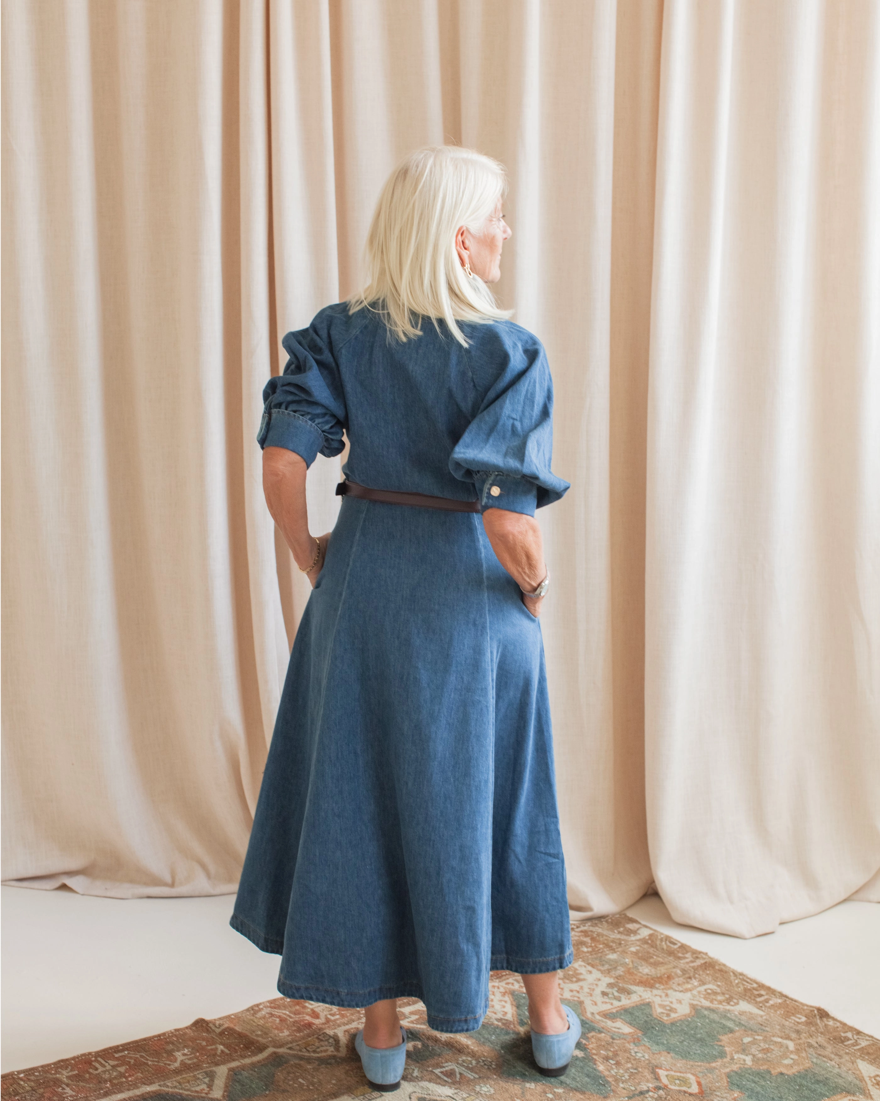 Playful touch Vibrant color dress Lena Denim Belted Dress