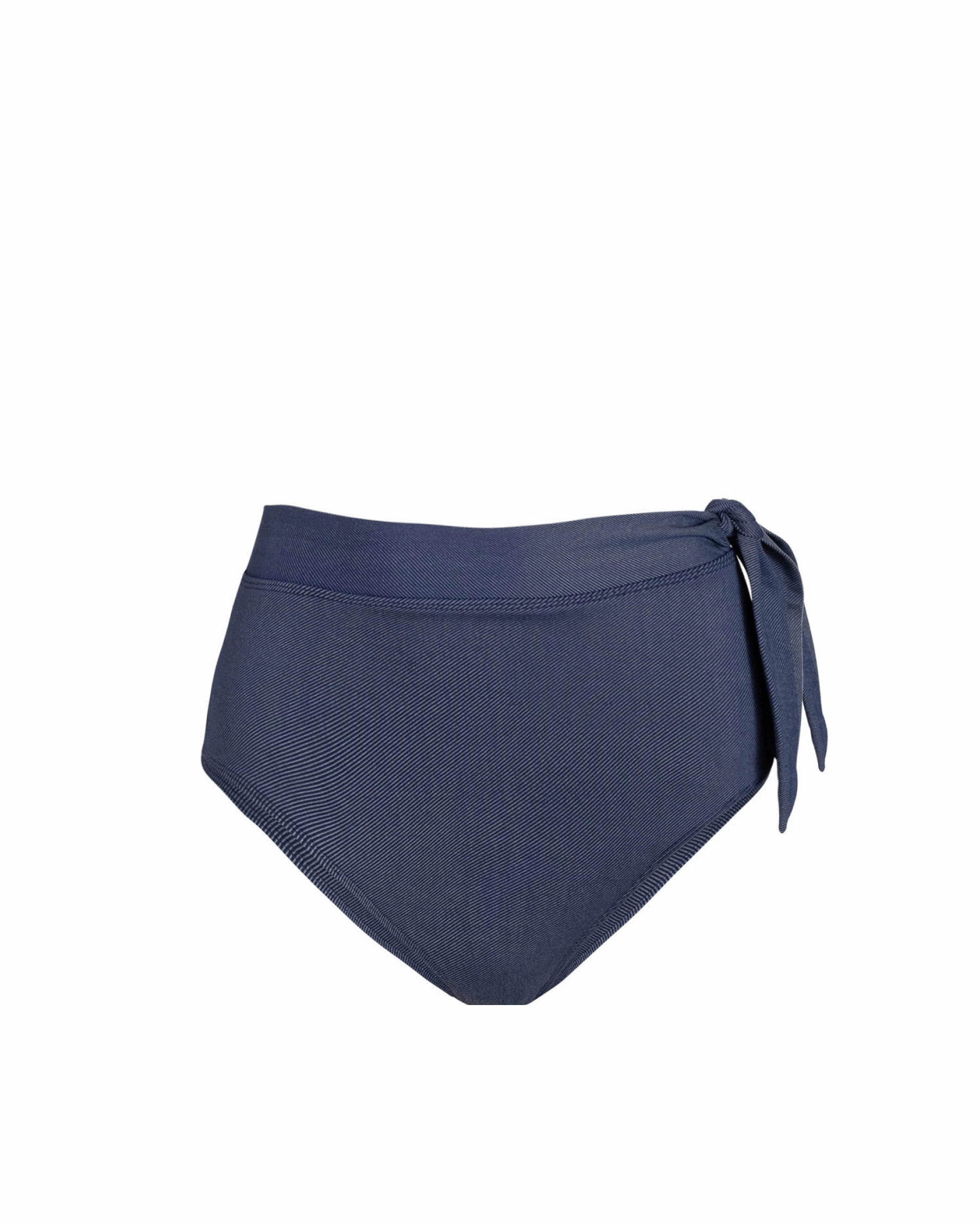 Side Tie High Waist Bottom In Indigo Twill Non Irritating Flatlock Stitching Beach Ready