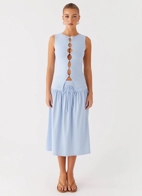 Fashion Style Outfit Focus Silver Tides Midi Skirt - Blue