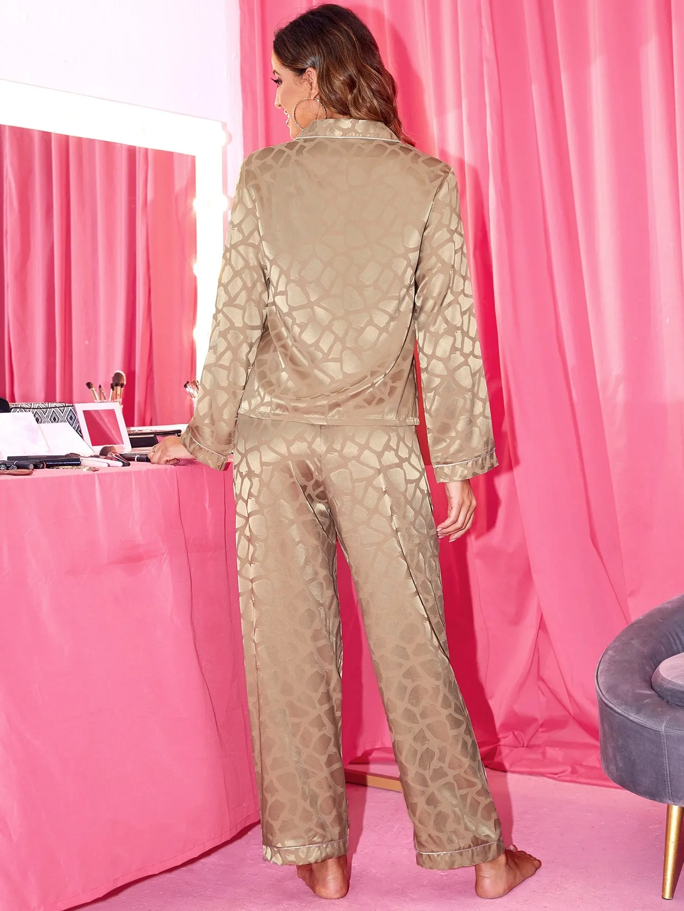 Simple Plain Button Front Long Sleeve Lapel Women Pajama Sets