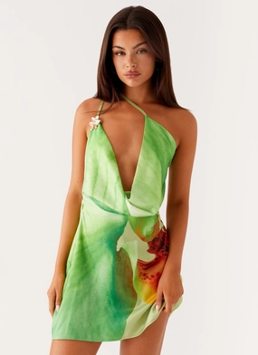 Aiva Mini Dress - Green Floral Detachable Detail