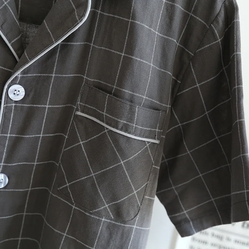 Single-line Plaid Pajamas Men's Short-sleeved Trousers Suit Men's pajamas Lapel pajamas Long sleeve pajamas  Loungewear  Nightwear Men emerald suit Sleep wear Satin Pajamas Set.