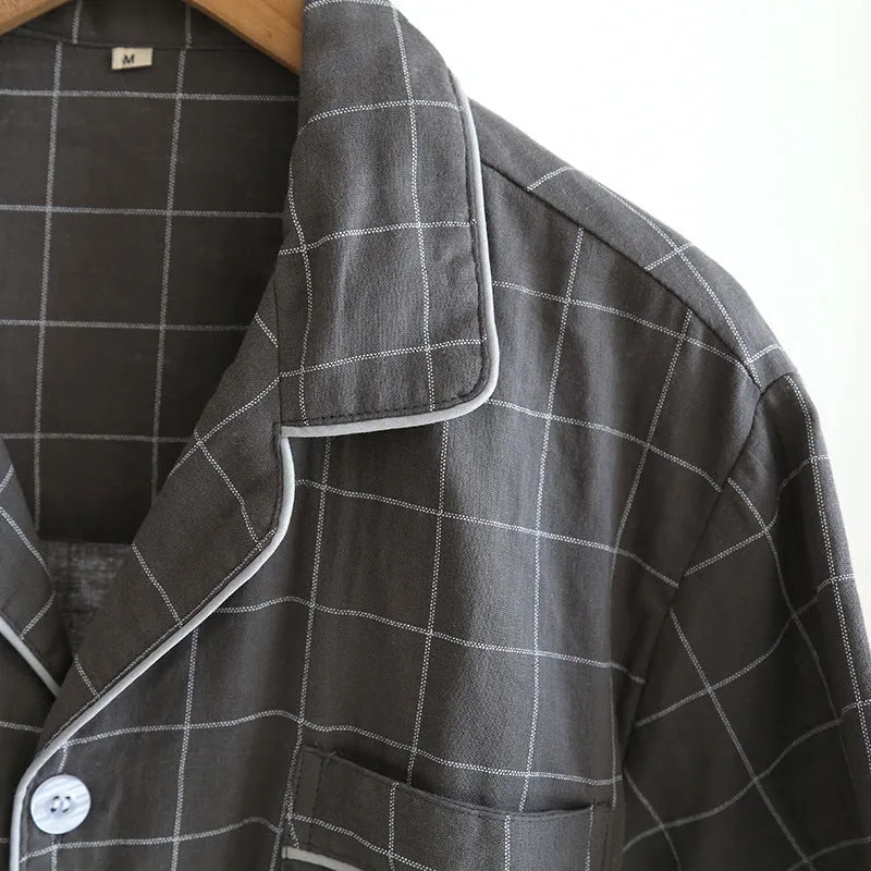 Single-line Plaid Pajamas Men's Short-sleeved Trousers Suit Men's pajamas Lapel pajamas Long sleeve pajamas  Loungewear  Nightwear Men emerald suit Sleep wear Satin Pajamas Set.