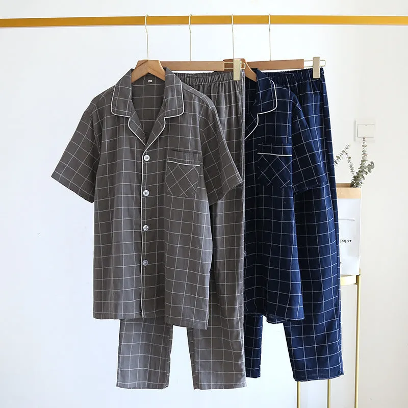 Single-line Plaid Pajamas Men's Short-sleeved Trousers Suit Men's pajamas Lapel pajamas Long sleeve pajamas  Loungewear  Nightwear Men emerald suit Sleep wear Satin Pajamas Set.