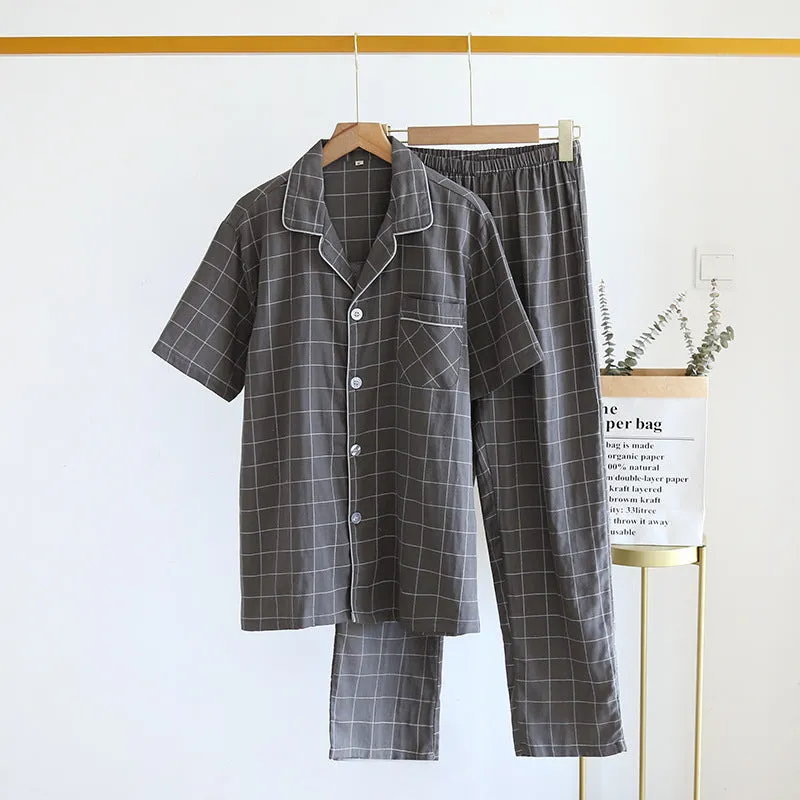 Single-line Plaid Pajamas Men's Short-sleeved Trousers Suit Men's pajamas Lapel pajamas Long sleeve pajamas  Loungewear  Nightwear Men emerald suit Sleep wear Satin Pajamas Set.