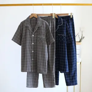 Single-line Plaid Pajamas Men's Short-sleeved Trousers Suit Men's pajamas Lapel pajamas Long sleeve pajamas  Loungewear  Nightwear Men emerald suit Sleep wear Satin Pajamas Set.