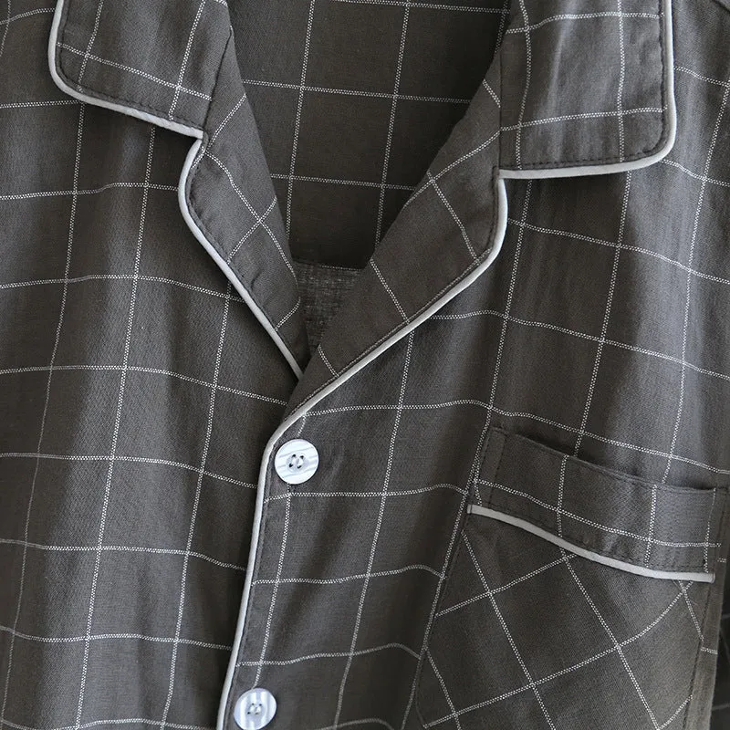 Single-line Plaid Pajamas Men's Short-sleeved Trousers Suit Men's pajamas Lapel pajamas Long sleeve pajamas  Loungewear  Nightwear Men emerald suit Sleep wear Satin Pajamas Set.